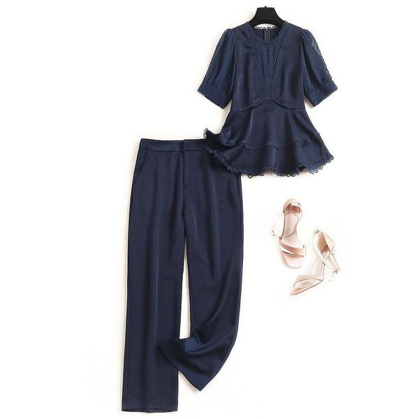 

women's tracksuits temperament solid color suit 2021 summer lace collar lantern sleeve t-shirt pencil pants two piece set ensemble femm, Gray