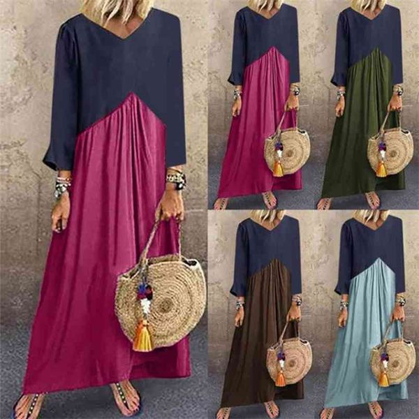 

spring stitching contrast color irregular long-sleeved dress fashion v neck loose maxi retro pullover es 210517, Black;gray