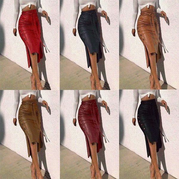 

skirts slim mid-length leather skirt women's mid-waist solid color tight-fitting casual style hip streetwear spring 2021, Black