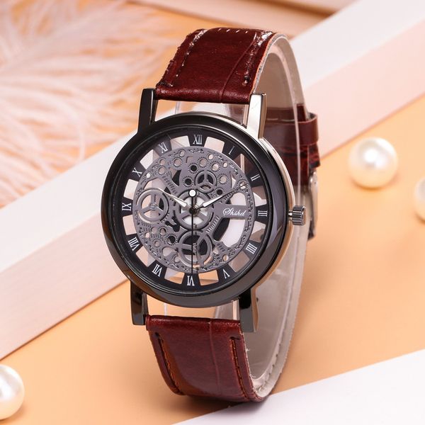 

fashion hollow leather strap business men's quartz watch, Slivery;brown