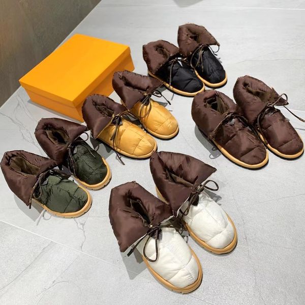 

designer women down feather lace-up high-low casual shoes luxury sneakers fashion week runway look keep warm winter boots printing flattie f, Black