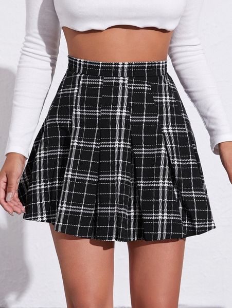 

zipper side plaid pleated skirt j7an#, Black