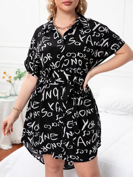 

plus letter graphic dolman sleeve belted shirt dress d9ex#, Black