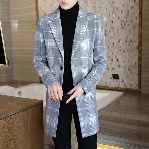 

men's wool & blends brand autumn and winter wear elegant mid-length windbreaker coat british trend plaid jacket, Black