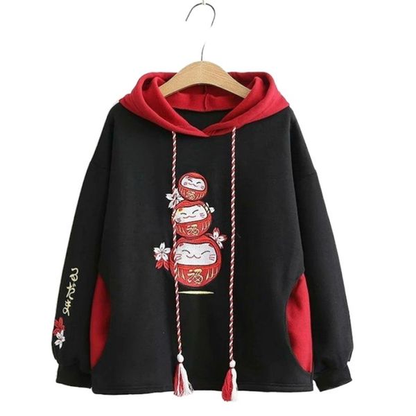 Schwarz Fleece Mit Kapuze Sweatshirt Harajuku Chinesische Stickerei Oversize Pullover Hoodie Winter Süße Stil Weibliche Top 210809