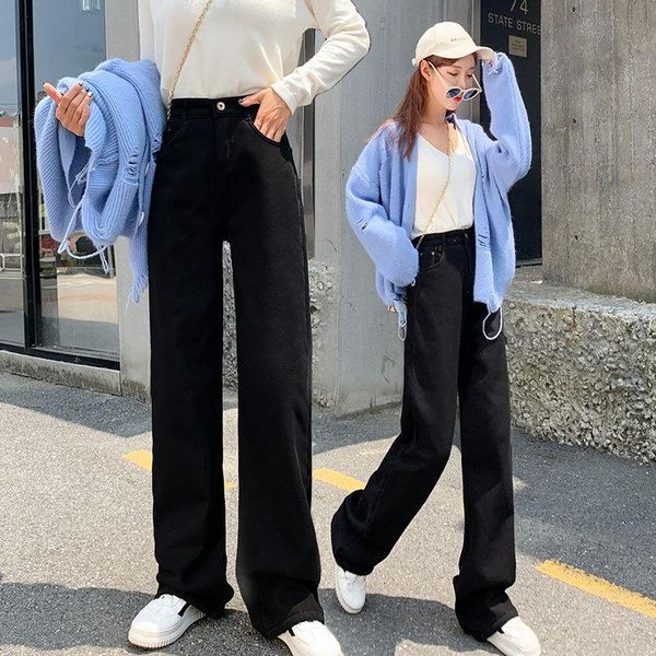 

women's jeans black women pants summer elastic high waist wide legs pant loose straight thin or thick femme winter denim, Blue