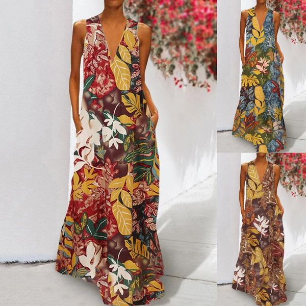 

casual dresses pocket dress women fashion v-neck sleeveless printed loose long clothing vestido de muje, Black;gray