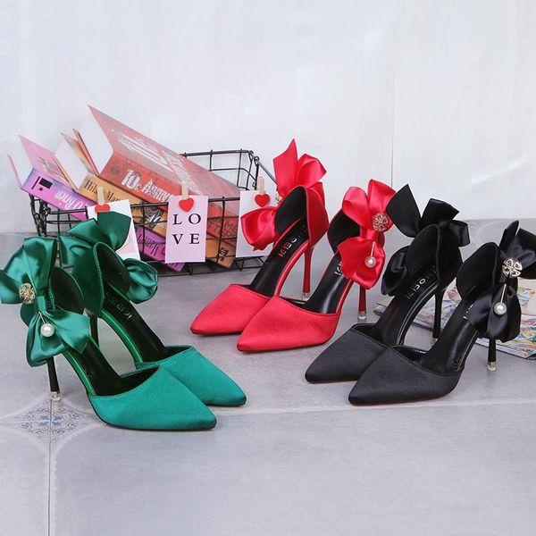 

dress shoes fashion women pumps pointed toe high heels slip-on rhinestone luxury bow stiletto ladies party tacones mujer, Black