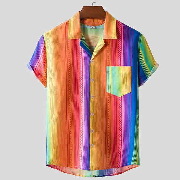 Regenbogen gestreifte Hemden Männer Strand Hawaiian Casual Herren Hemd Übergroße Camisas Urlaub Täglich Harajuku Kurzarm Streetwear 210524