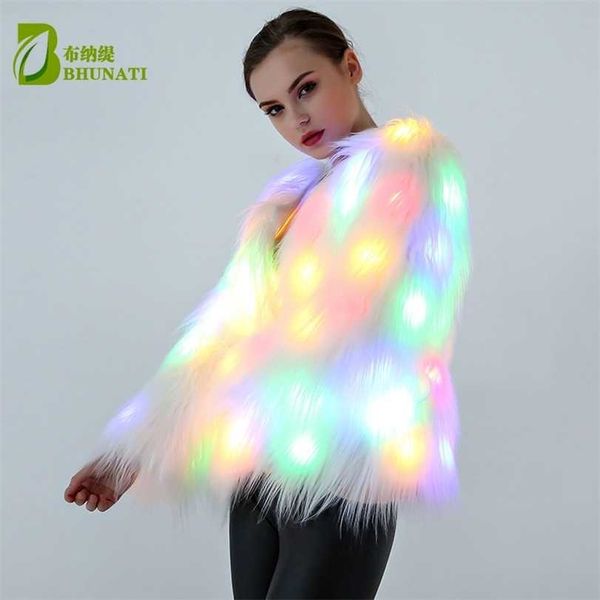 

6xl women faux fur led light coat christmas costumes cosplay fluffy jacket outwear winter warm festival party club overcoat 211123, Black