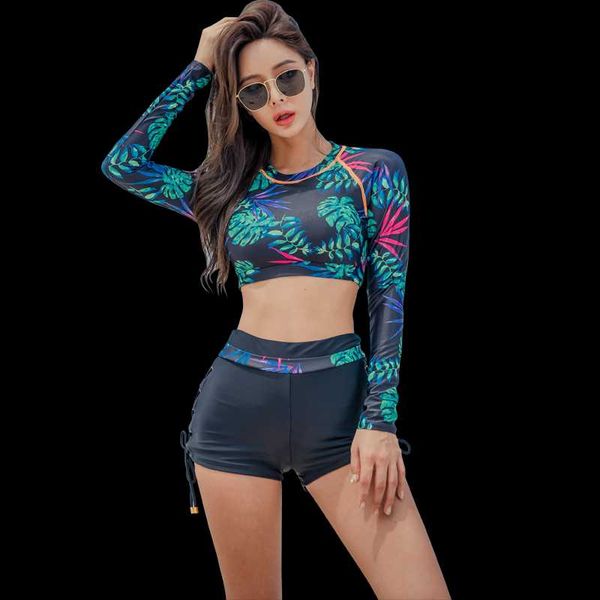 

one-piece suits sanqi female swimsuit split student boxer long sleeve sports small chest gathered spring swimwear swimming suit