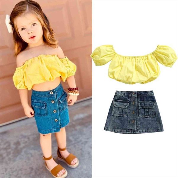 

1 6y fashion kids girls clothes sets solid puff sleeve off shoulder t shirts denim a line skirts 2pcs, White
