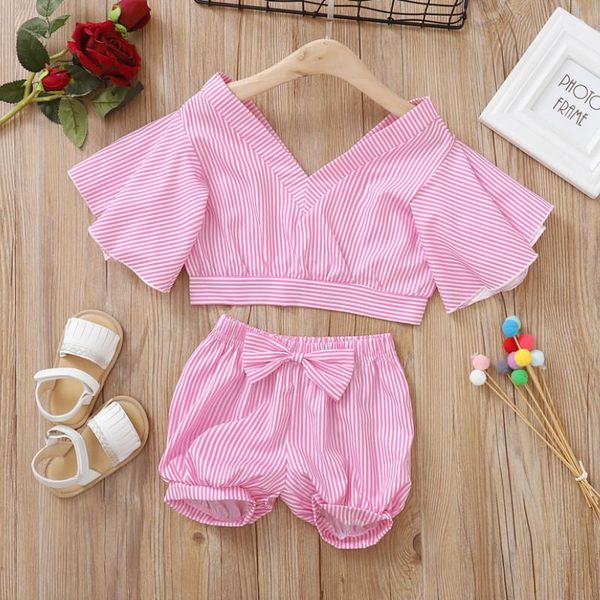 

pcs toddler striped outfits 2021, summer baby girl flare sleeves v-neck crop + bowknot shorts clothing sets, White