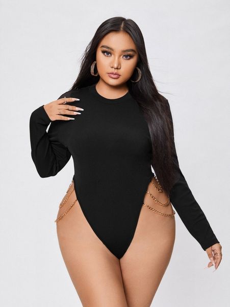 

plus chain detail high cut bodysuit m9iq#, Black