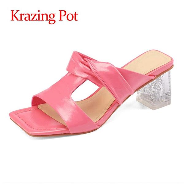 

dress shoes krazing pot cow leather high heels transparent crystal heel open toe solid young lady quality slip on sandals women l77, Black