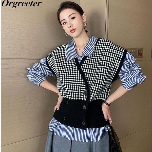

women's knits & tees autumn women waistcoat sweater vest vintage houndstooth jacquard knitted cardigan shawl outwear all-macthing clot, White