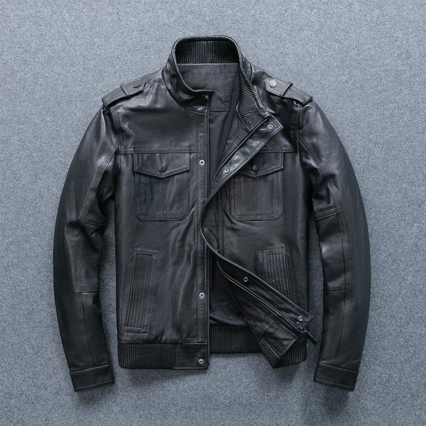 

men's leather & faux vegetable tanning men sheepskin genuine jacket real animal skin motorcycle, Black