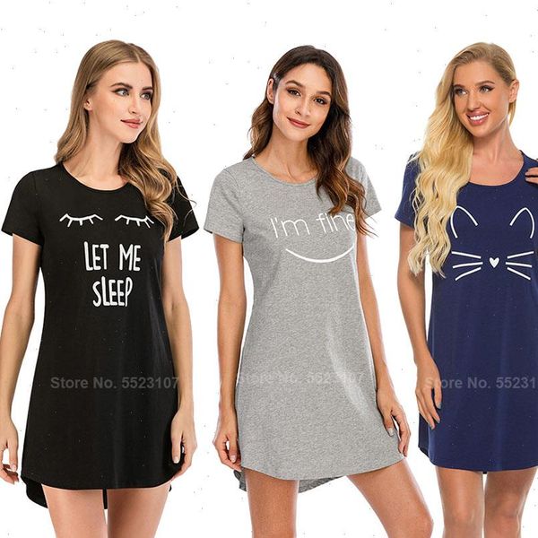 

summer short nightgown elegant elastic women sleepwear cotton soft dress home nightwear t shirt dresses loungewear, Black;red