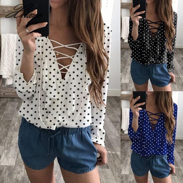 

women's blouses & shirts 2021 explosion models v-neck wear rope ruffled long-sleeved pullover shirt polka dot chiffon, White