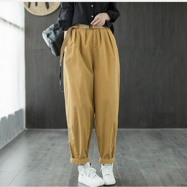 

johnature 2021 autumn full length retro elastic waist harem pants loose leisure solid color pockets all-match women women's & capris, Black;white