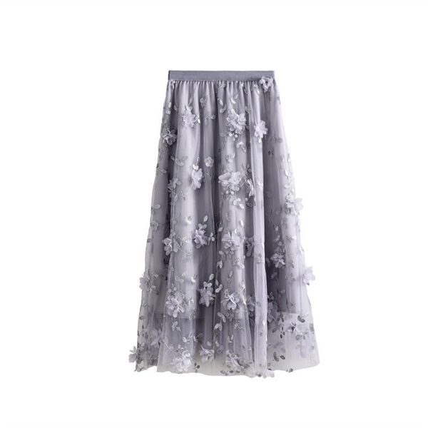 

autumn women fashion flower embroidery mesh simple pure color skirt casual elastic waist long 210527, Black