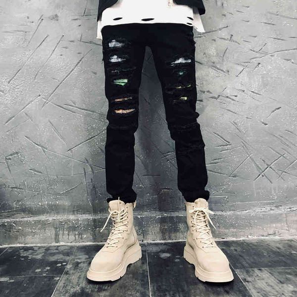 

jeans american streetwear fashion men jeans black elastic slim fit ripped denim pencil pants homme patchwork designer hip hop trousers, Blue