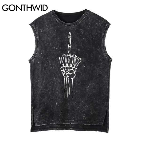 

sleeveless vest hip hop skull middle finger print distressed tank streetwear casual loose fashion harajuku tshirts 210602, White;black