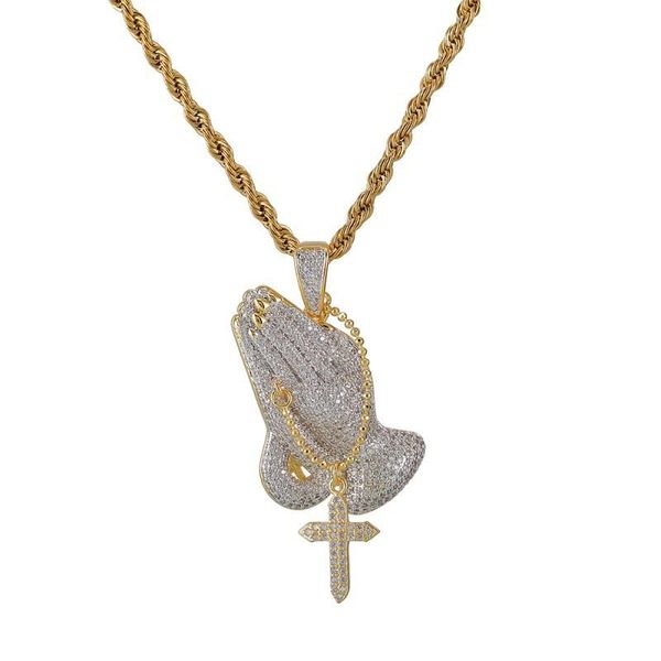 

pendant necklaces iced out cubic zircon praying hands with cross charms necklace fashion luxury hip hop designer jewelry, Silver
