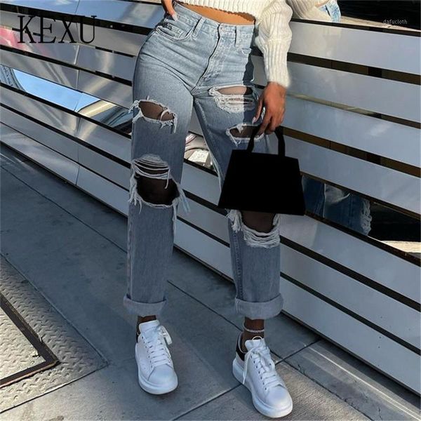 

cut out ripped skinny jeans high waist wash distressed jean trousers blue hole denim pants women streetwear women's