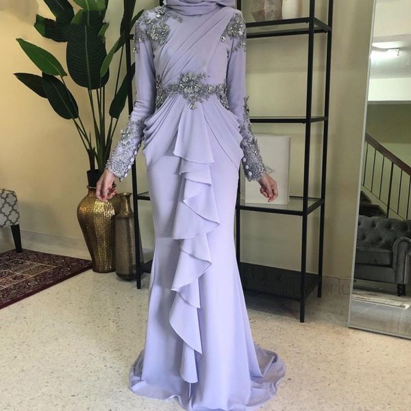 Muslimische Flila Abendkleider 2022 hohe Nacken Langarmes Hijab Meerjungfrau Chiffon Vestido de Festa Long formelle Abschlussballkleid