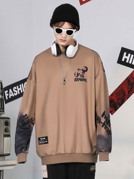 

men cartoon & slogan graphic drop shoulder sweatshirt m1rf#, Black