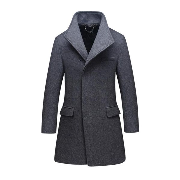 

winter wool coat men overcoats fashion thick jacket solid color blends trench men's &, Black