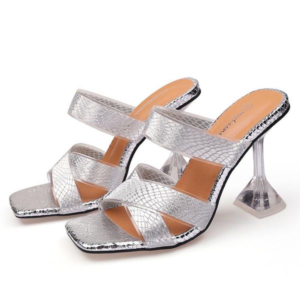 

dress shoes ly arrived summer snake print clear pvc transparent pumps women peep toe sandals high heels slippers size 45 46, Black