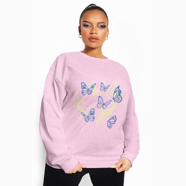 

women's hoodies & sweatshirts pink butterfly print oversized sweatshirt women pullover o-neck long sleeve thin fashion 2021 autumn vint, Black