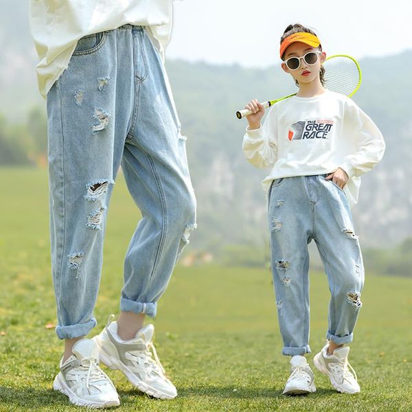 

jeans baby girl hole pants fashion spring autumn light blue trousers teenage school girls clothing ripped for kids 3-12y