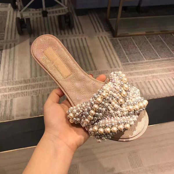 

slippers fashion pearl beads embellished ladies design female flip flops beach summer outdoor flat mules shoes woman, Black