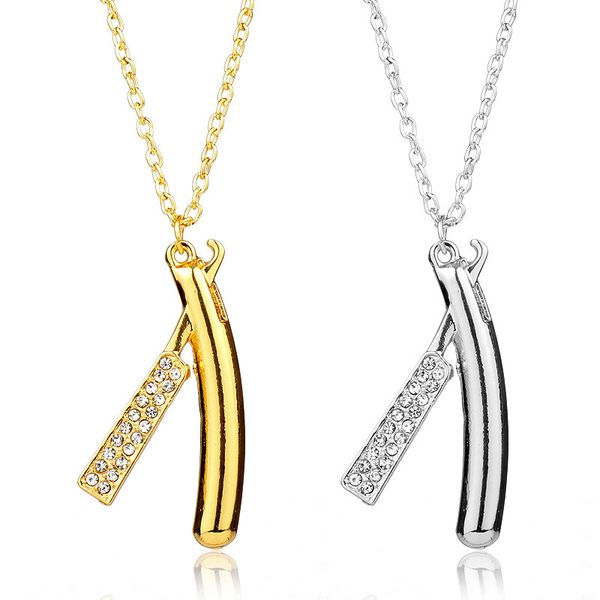 

hip hop razor blades pendant necklaces men jewelry zirconia shaver shape necklaces male gold color collares jewelry accessories, Silver