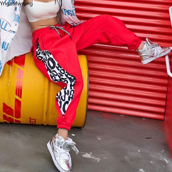 

women's pants & capris punk rivet ring cargo pocket letter drawstring waist contrast block zipper jogger sweatpant women streetwear loo, Black;white
