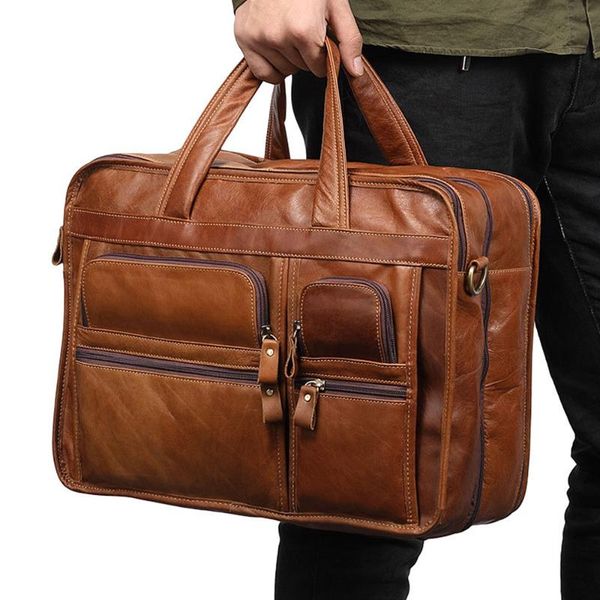 

briefcases 100% cowhide genuine leather luxury men's handbag business shoulder bags fashion travel vintage lapbag