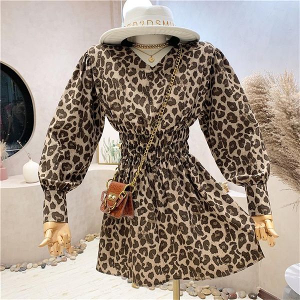 

casual dresses women's clothing autumn 2021 retro leopard print dress design v-neck temperament, Black;gray