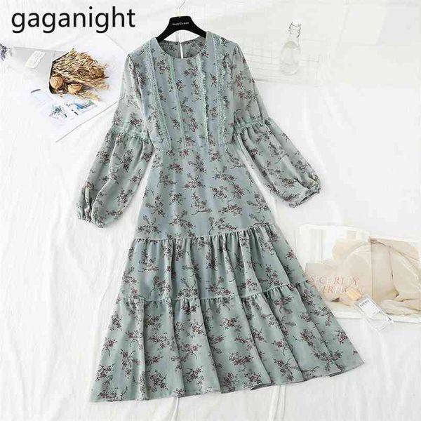 

korean french vintage floral print dress ruffles long sleeve lace patchwork vestidos fashion high waist robe spring 210601, White