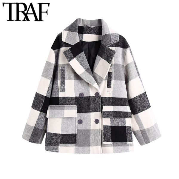 

traf women fashion double breasted plaid woolen jacket coat vintage long sleeve pockets female outerwear chic 210415, Black;brown