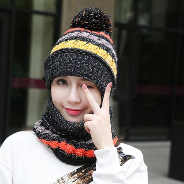

caps & hats hat winter women's mask balaclava for girls scarf thick warm fleece inside knitted set 3pcs j3k4, Yellow