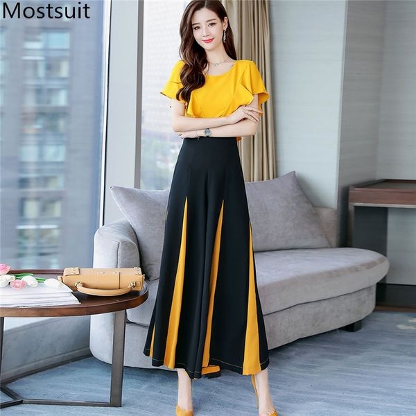 

summer office fashion two piece sets women short sleeve + color-blocked wide leg pants suits elegant ladies 2 pcs 210518, White
