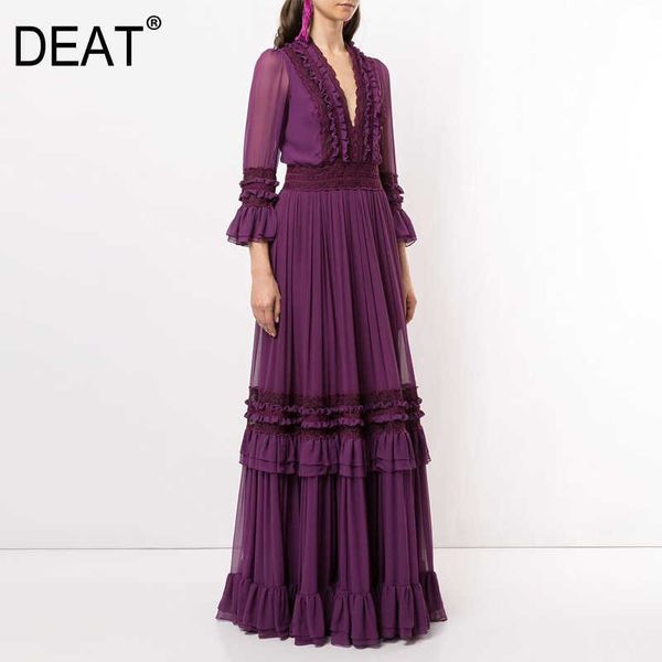 

[deat] women dress v-neck high waist floor-length ruffles flare sleeve elegant loose fit fashion summer 13q345 210527, Black;gray
