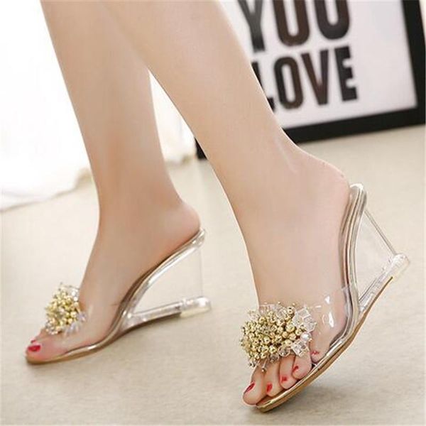 

est women rhinestone string bead slippers transparent perspex wedges high heel dress sandals summer fashion girl mules, Black