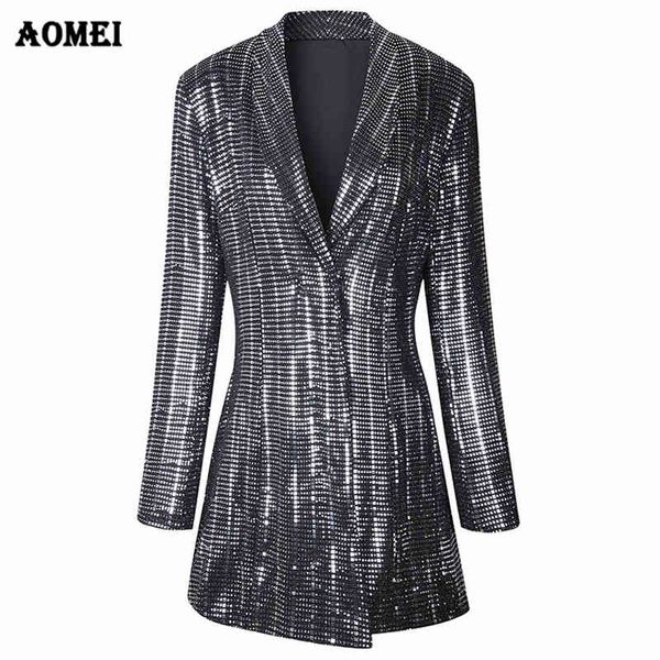 Pailletten vergoldete Shining Blazer Coat Fashion Anzug Frauen Arbeitskleidung Office Lady Blaser Kleidung Herbst Winterjacken lange Outwear 210416