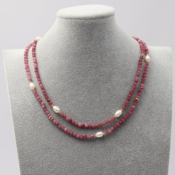 

guaiguai jewelry natural faceted red tourmaline cultured white rice pearl necklace 17.5" handmade for women, Silver