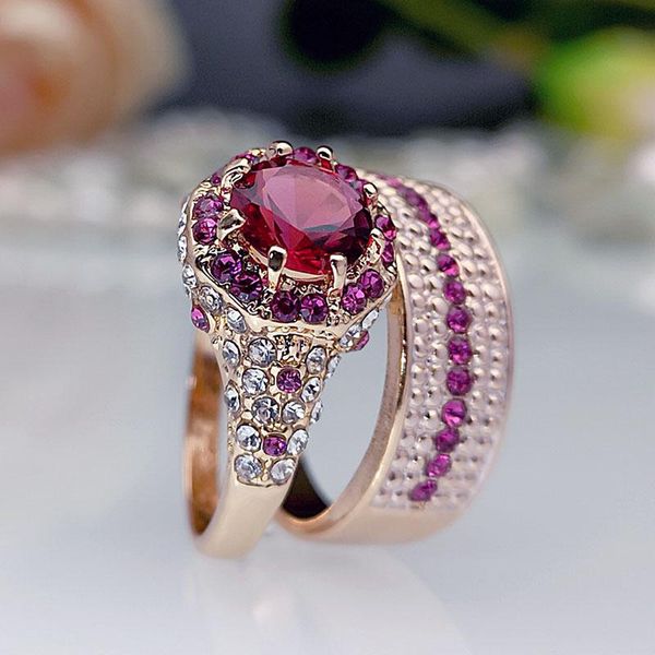 

wedding rings 2pcs stacking red round cubic zirconia for women mocro-paved rhinestone artisan carved ring unique designer band, Slivery;golden