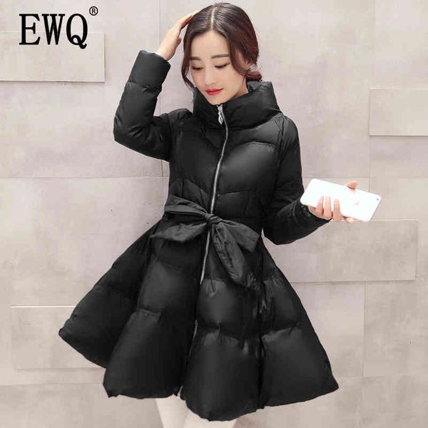 

women's down & parkas [ewq] winter stand collar long sleeve adjustable waist solid patchwork korea femals cotton clot, Black